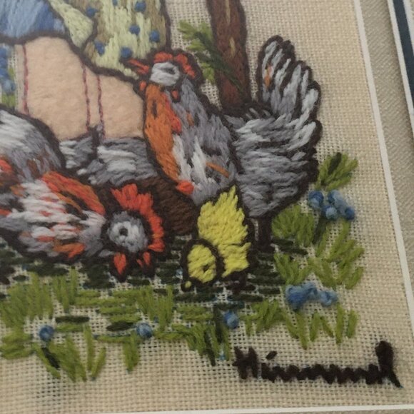 Vintage Hummel Needlework Girl Feeding Chickens Fowls 3-D Embroidery Framed - Picture 5 of 12